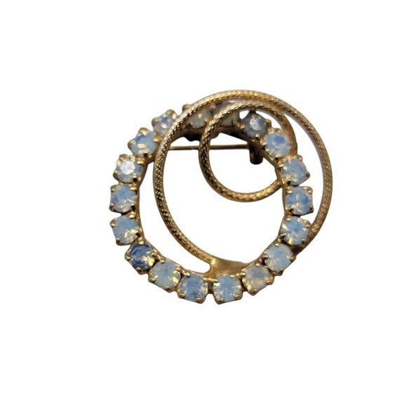 Faux Opal Circle Brooch Gold Tone Interlock Loops Vintage Beautiful Rhinestone - Picture 2 of 5